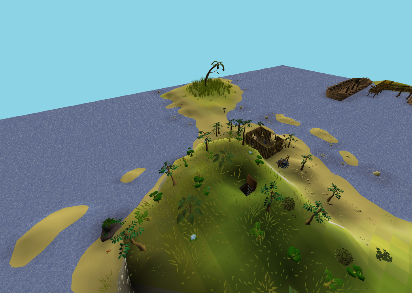 A tropical island, palm trees and a ship in Old School RuneScape